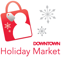 red holiday shopping bag red letters snowflakes Downtown Holiday Market